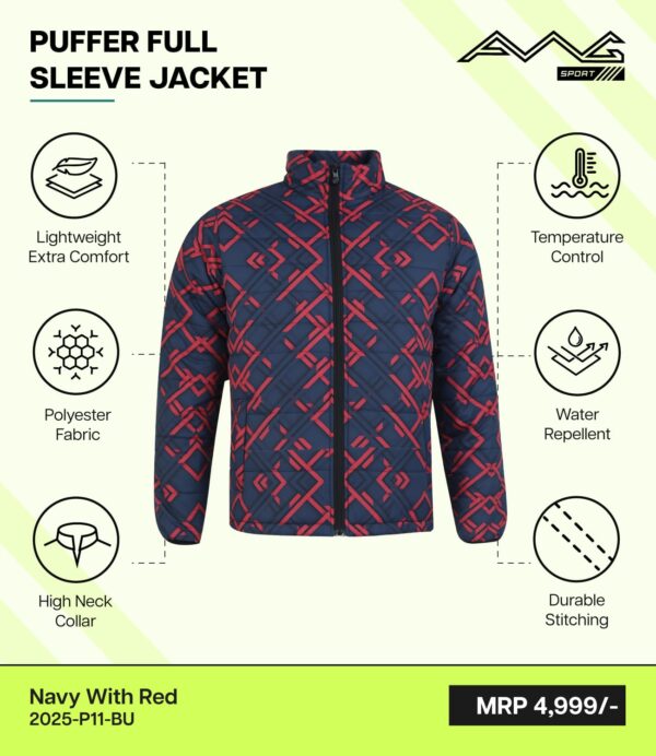 AWG-PRINTED PUFFER JACKET  Navy with Red