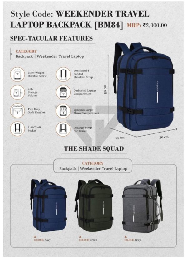 Weekender Travel Laptop Backpack With Anti Theft Pocket